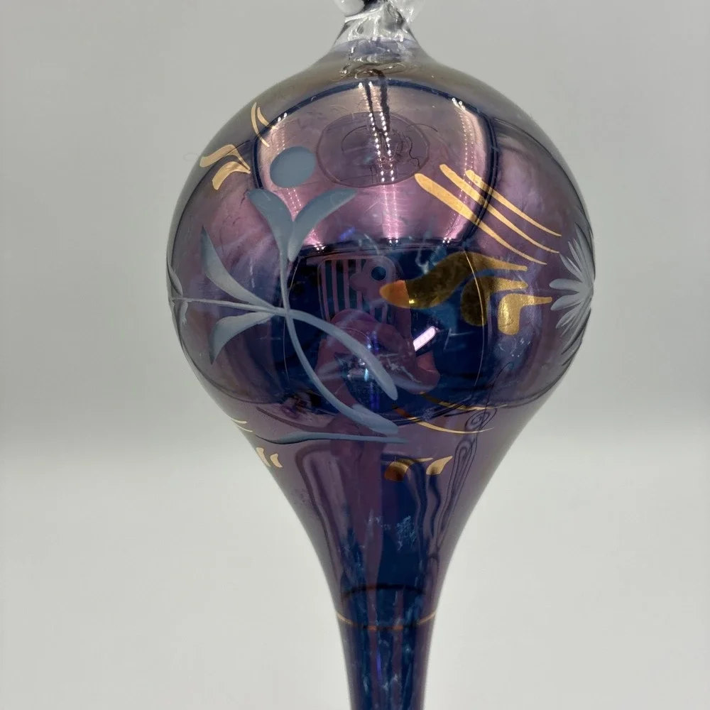 Vintage Purple Iridescent Hand Blown Glass Teardrop Ornament Gold Floral 8.5